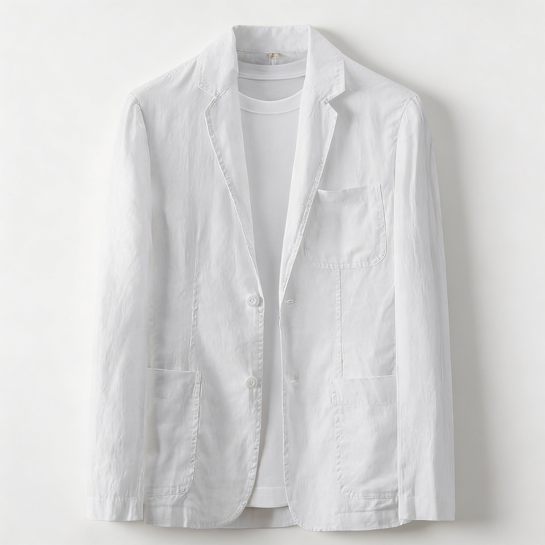 Versatile men's navy summer blazer, lightweight & breathable for warm weather business or smart casual.