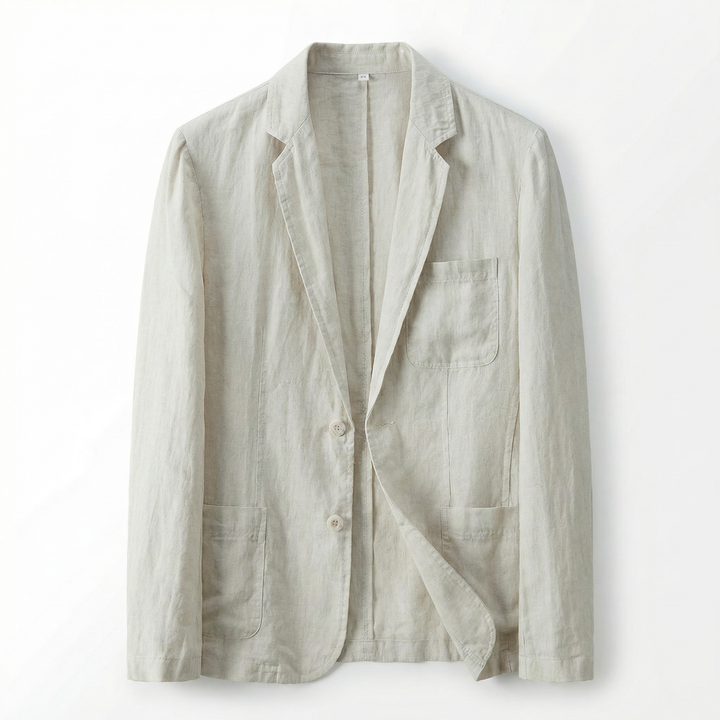 Detail of men's lightweight blazer, featuring notched lapels & button closure; perfect breathable professional wear.