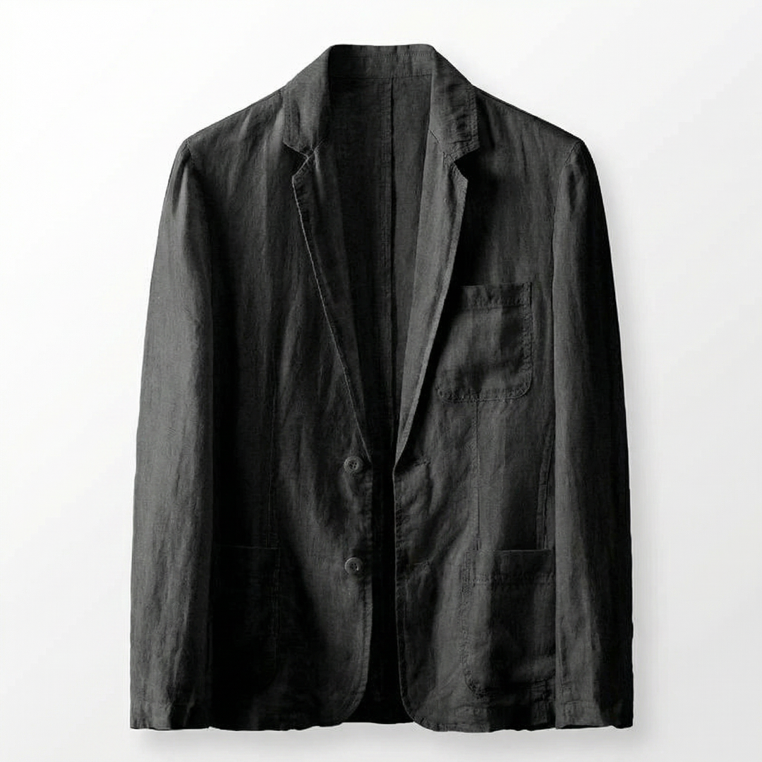 Men's smart casual lightweight blazer on a hanger, highlighting its breathable fabric for summer fashion.