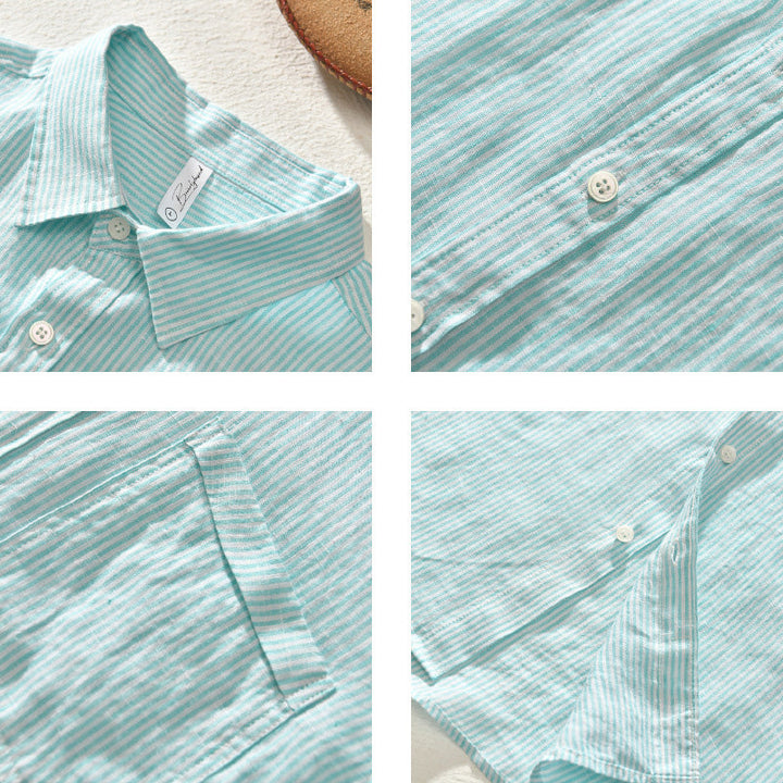 Relaxed fit men's button-front shirt. Lightweight and breathable fabric ensures comfort for summer outings.