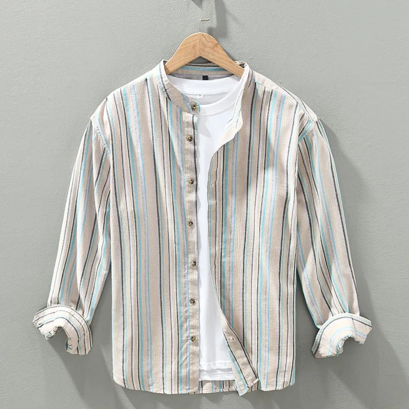 Men's lightweight breathable button-up shirt with a striped collar, perfect for casual summer fashion & warm weather.
