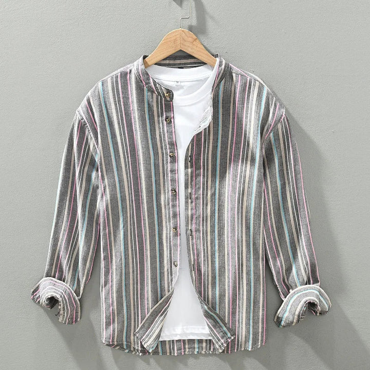 Casual men's summer shirt featuring a striped collar & breathable lightweight fabric, ideal for warm weather apparel.