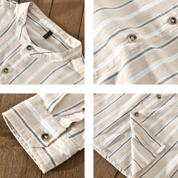 Men's striped collar button-up shirt; a lightweight, breathable top designed for stylish & comfortable summer wear.