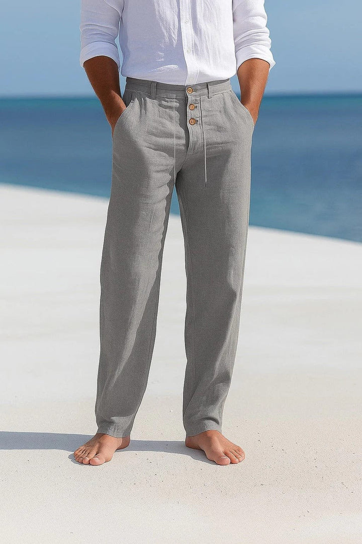 Modern men's lightweight chinos, offering comfort and a contemporary look for summer.