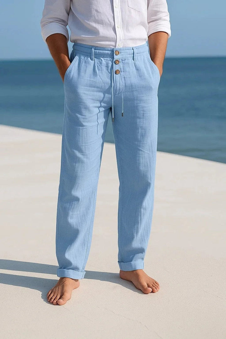 Relaxed fit men's summer chino pants, emphasizing breathability and lightweight feel.