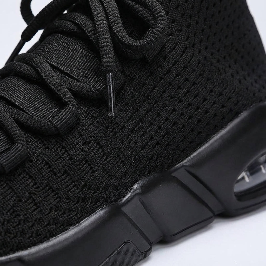 Close-up of the knitted texture on men's lightweight athletic running shoes