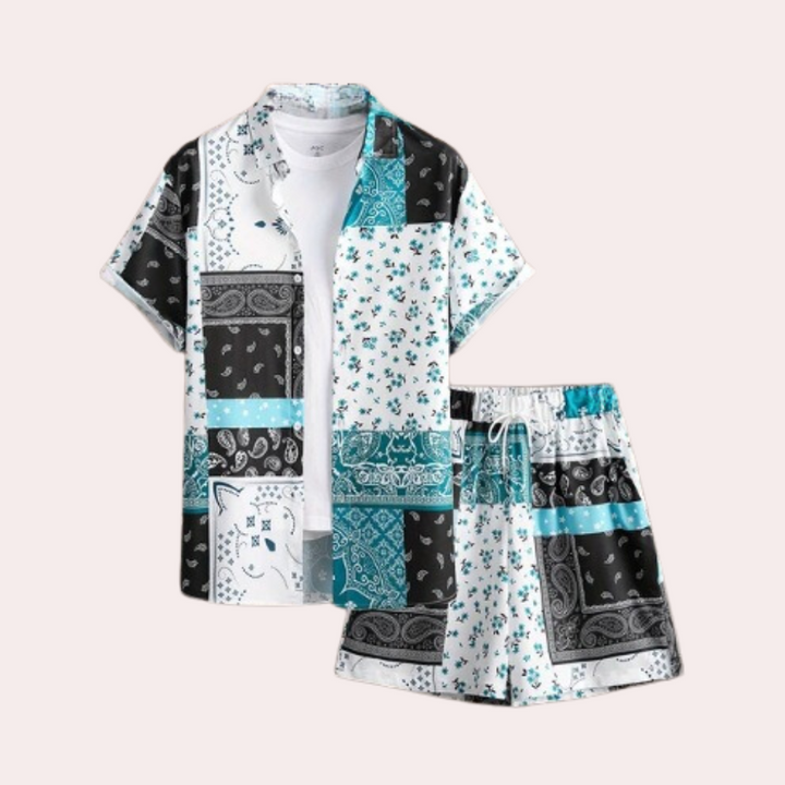 Stylish men's summer vacation set, lightweight & breathable polyester for warm-weather casual comfort.