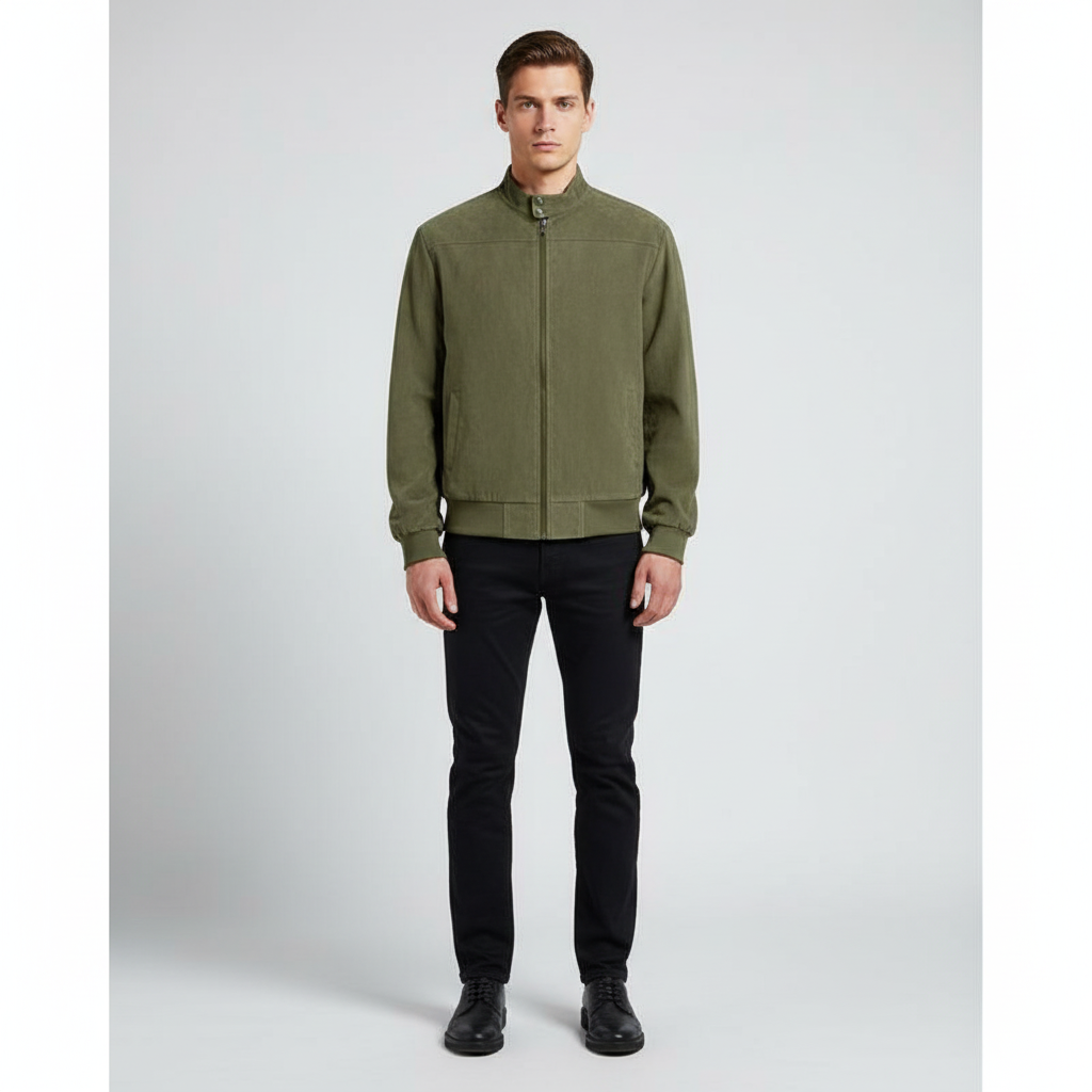Stylish men's stand collar jacket in lightweight faux suede, ideal for spring outerwear fashion