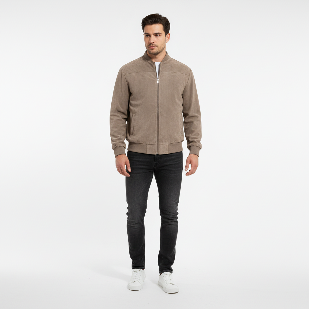 Sophisticated men's spring jacket, Sebastian design, in light faux suede with a chic stand collar