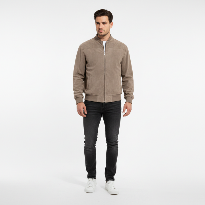 Sophisticated men's spring jacket, Sebastian design, in light faux suede with a chic stand collar