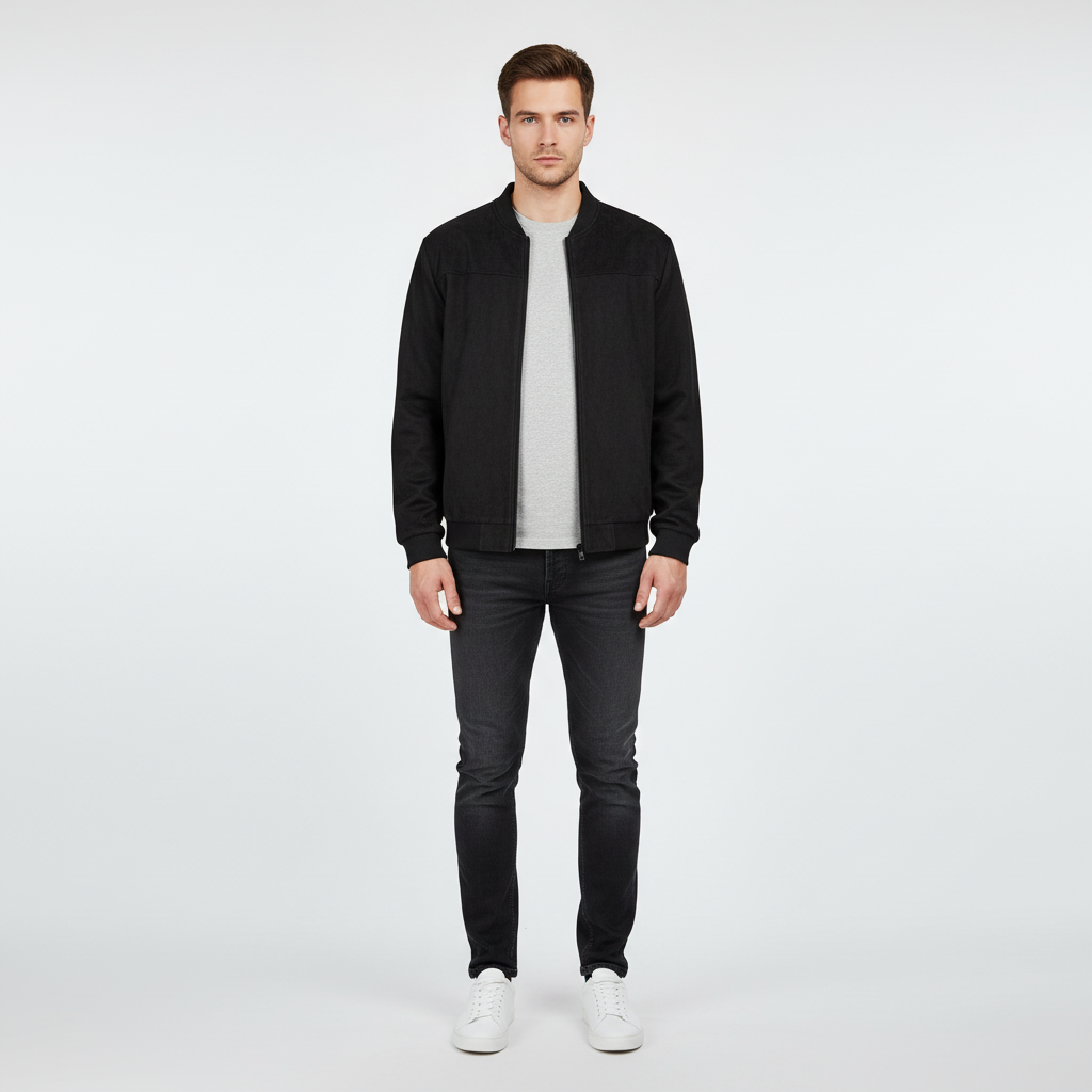 Detail of the zipper and pockets on a men's lightweight faux suede stand collar transition jacket