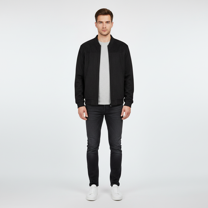Detail of the zipper and pockets on a men's lightweight faux suede stand collar transition jacket