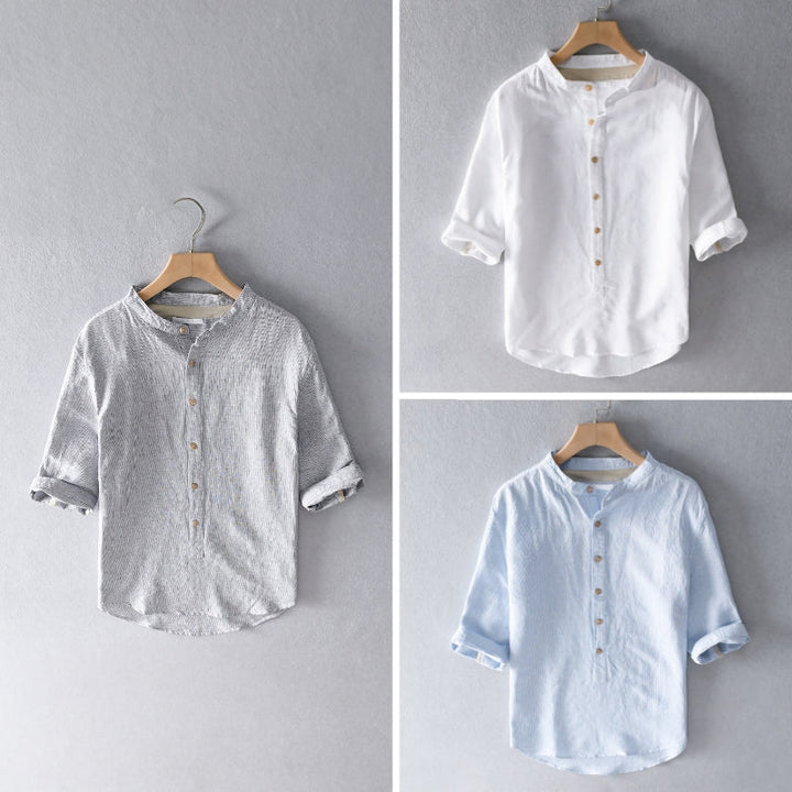 Smart casual men's button-down shirt, lightweight fabric, suitable for formal or relaxed settings.