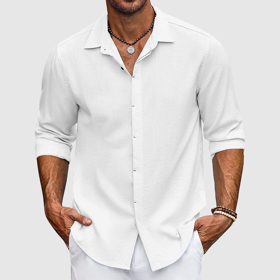 Breathable long-sleeve men's button-up shirt offering all-day comfort for casual or formal occasions.