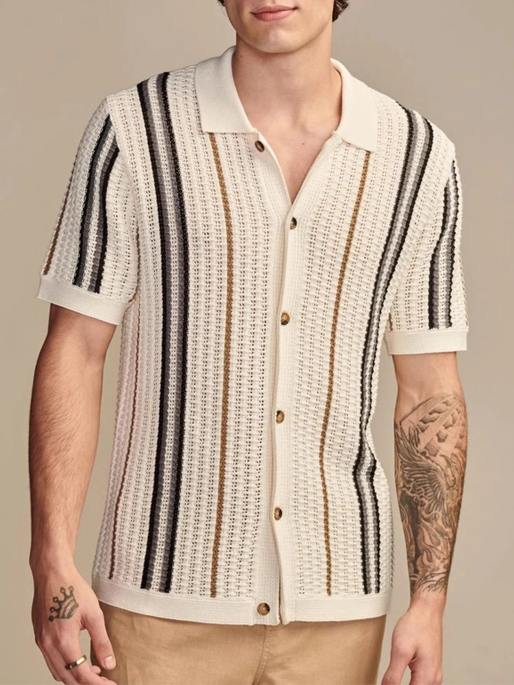 Striped men's lightweight cabana shirt, ideal for resort wear, beach days, or summer vacation.