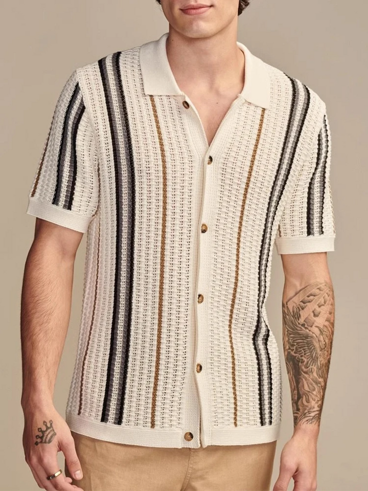 Striped men's lightweight cabana shirt, ideal for resort wear, beach days, or summer vacation.