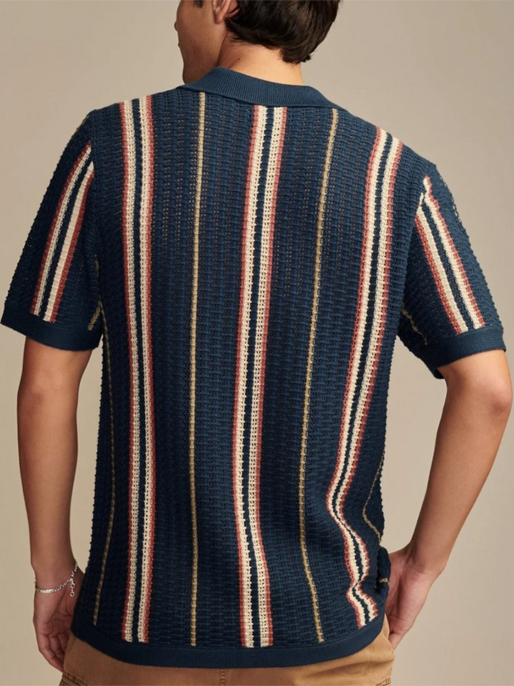 Stylish men's striped cabana shirt. A lightweight, comfortable button-up top for summer adventures.