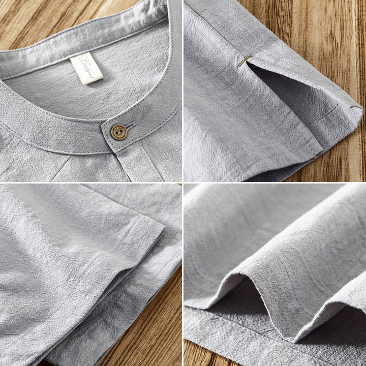 Side view of a man wearing a lightweight collared button-down shirt, showcasing its relaxed summer fit.