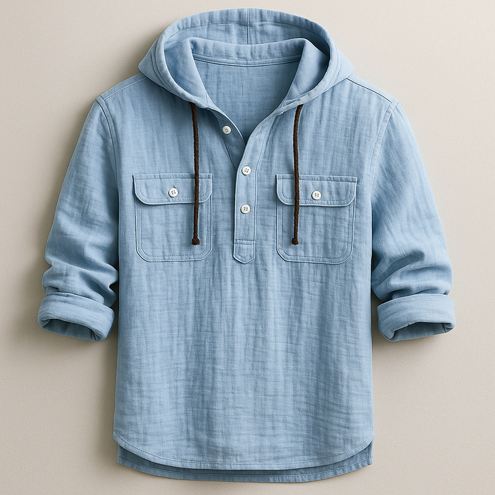 Men's lightweight casual hoodie shirt, breathable long-sleeve top for relaxed everyday wear.