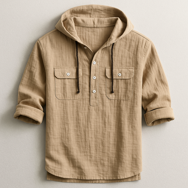 Men's navy casual hoodie shirt, lightweight & breathable long-sleeve top for spring/summer fashion.