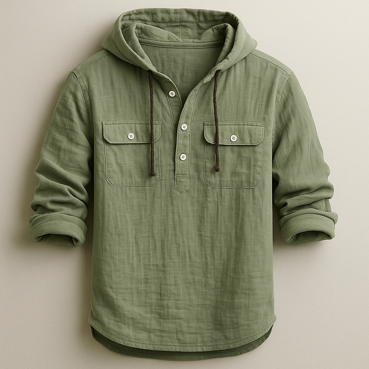 Versatile men's hoodie shirt, lightweight long-sleeve with buttons, perfect for casual spring & summer style.
