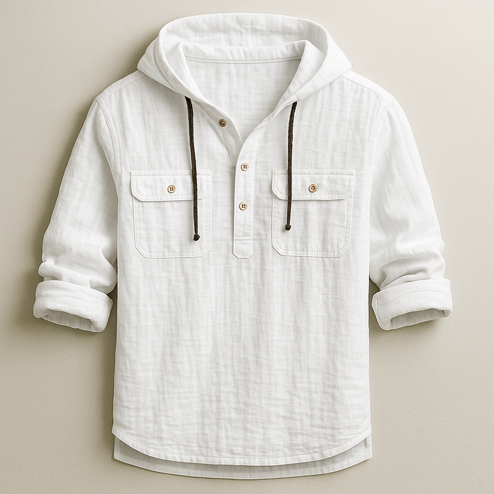 Men's green relaxed-fit hoodie shirt, lightweight & breathable long-sleeve top, ideal for summer casual wear.