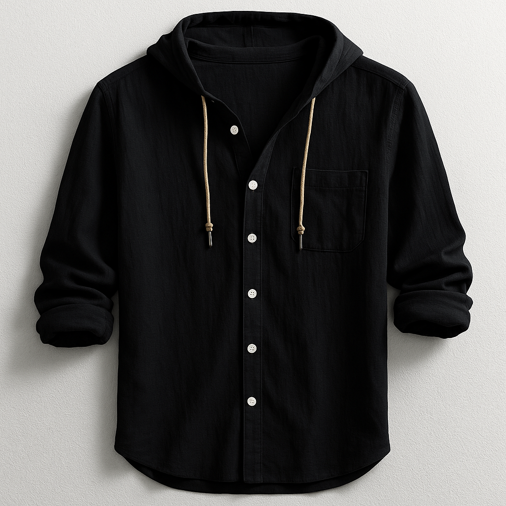 Lightweight men's hoodie shirt featuring a drawstring hood and relaxed fit, ideal for casual summer wear.