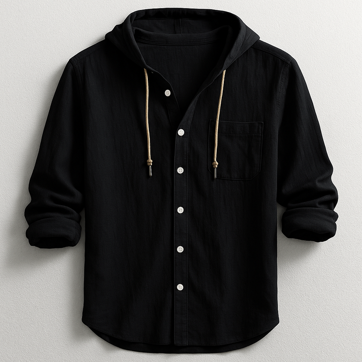 Lightweight men's hoodie shirt featuring a drawstring hood and relaxed fit, ideal for casual summer wear.