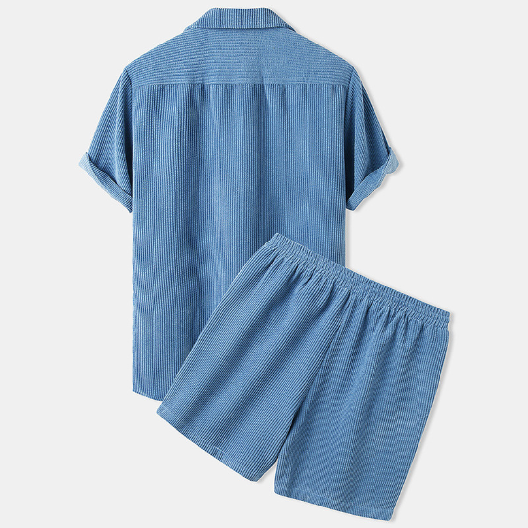 Men's short sleeve casual shirt and matching pull-on shorts, a comfortable summer vacation wear set.