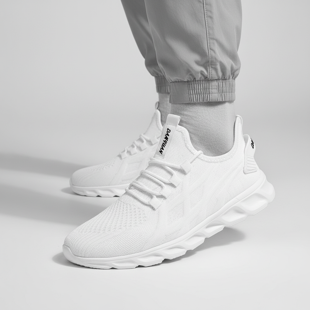 Lightweight men's athletic walking sneakers. Breathable knit design with cushioned comfort for versatile wear.