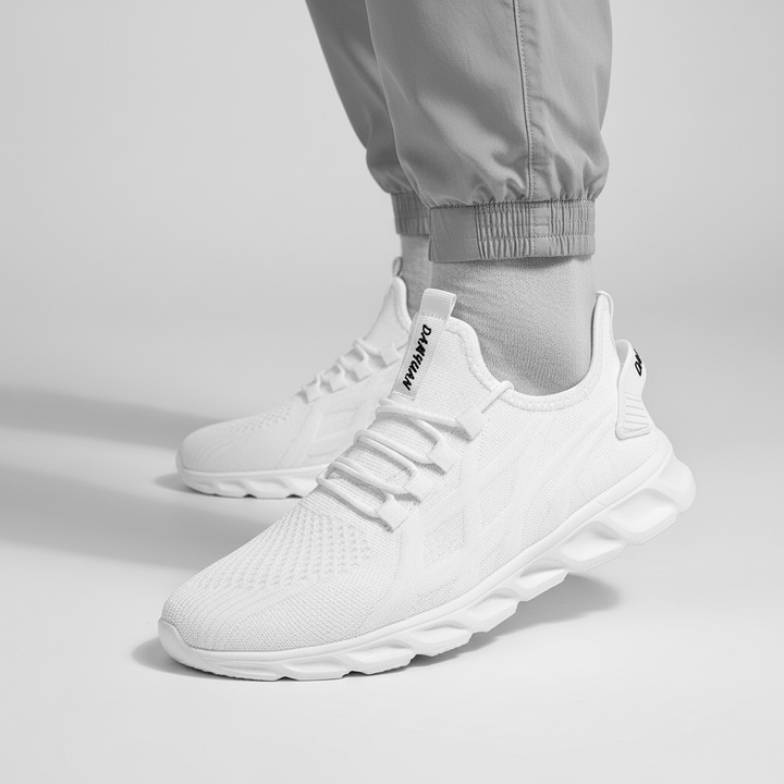 Lightweight men's athletic walking sneakers. Breathable knit design with cushioned comfort for versatile wear.
