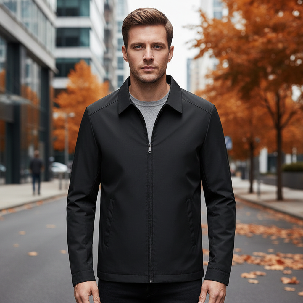 Men's lightweight cotton blend jacket, Christopher, in navy with stand collar and zipper closure