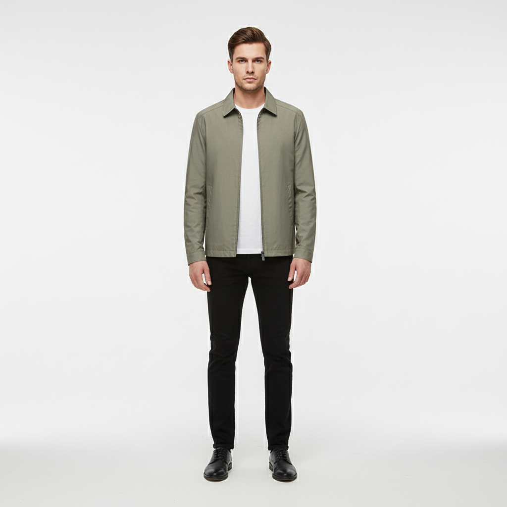 Close-up of the stand collar and zipper on a men's lightweight cotton blend jacket, Christopher