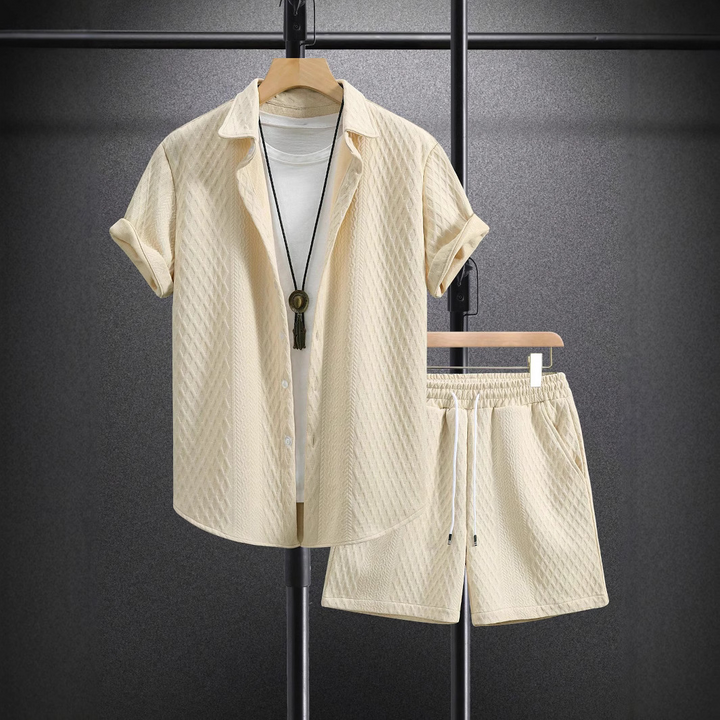 Men's lightweight cotton blend summer shirt & shorts set in a relaxed fit, perfect for casual comfort.