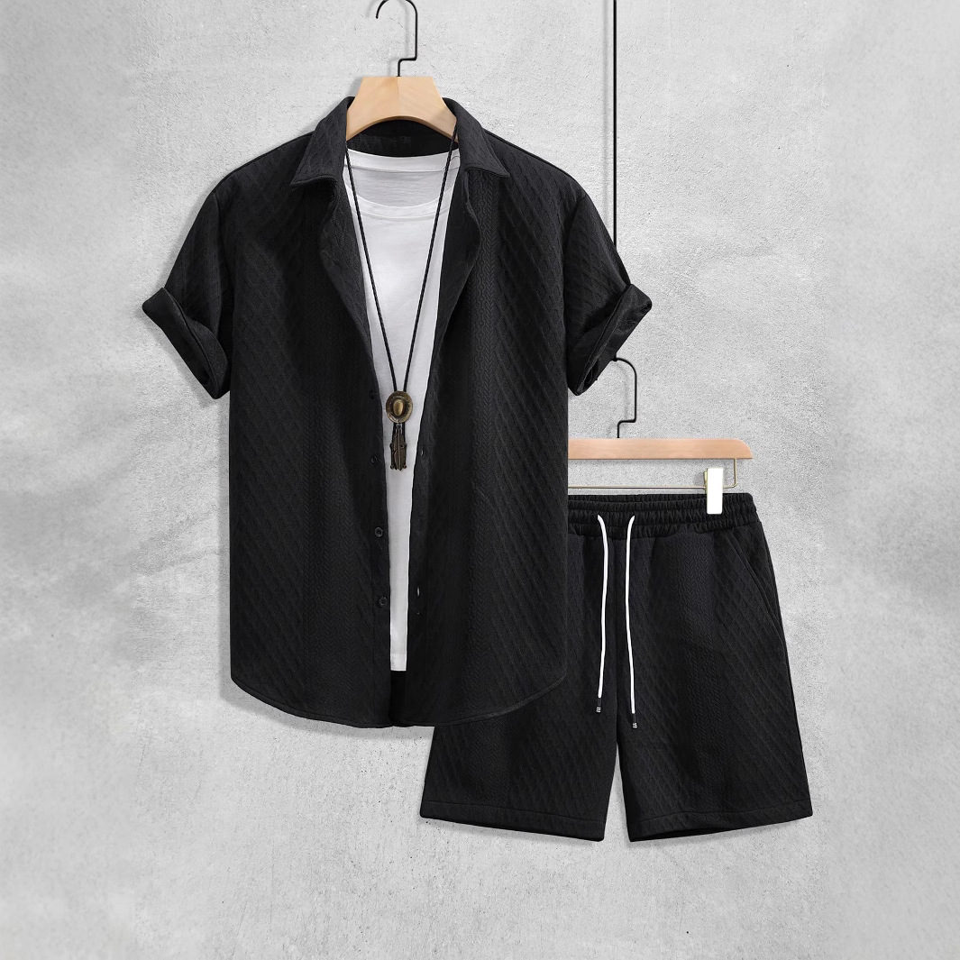 Men's casual summer beach set: short-sleeve shirt & matching shorts. Ideal for vacation loungewear.