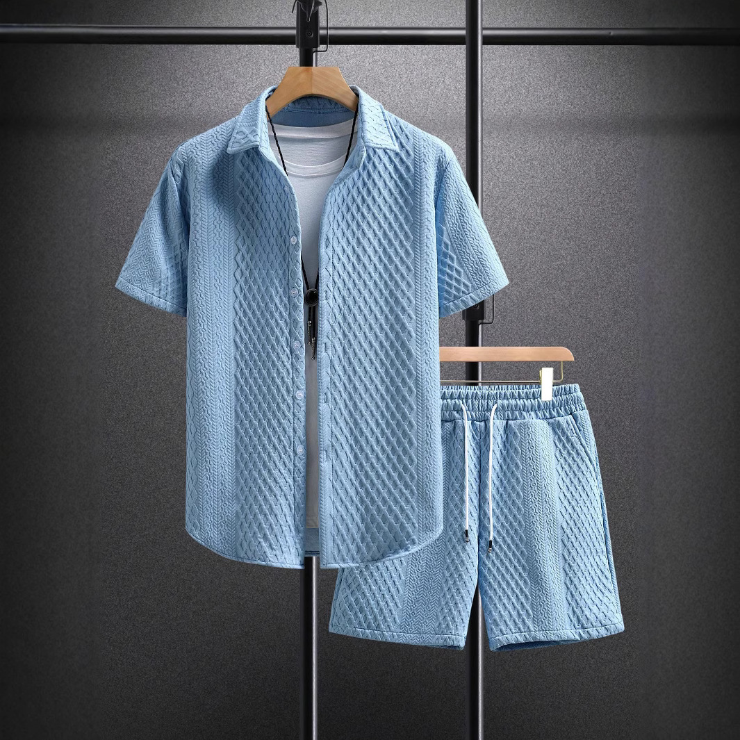 Men's stylish summer shirt & shorts set. Lightweight & breathable cotton blend for warm weather comfort.