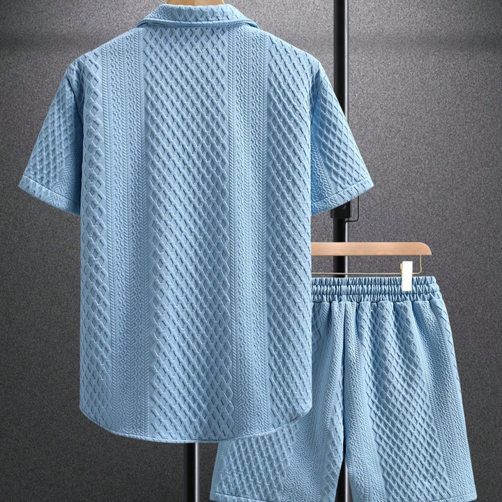Men's lightweight summer shorts and shirt set, highlighting breathable fabric and comfortable relaxed fit.