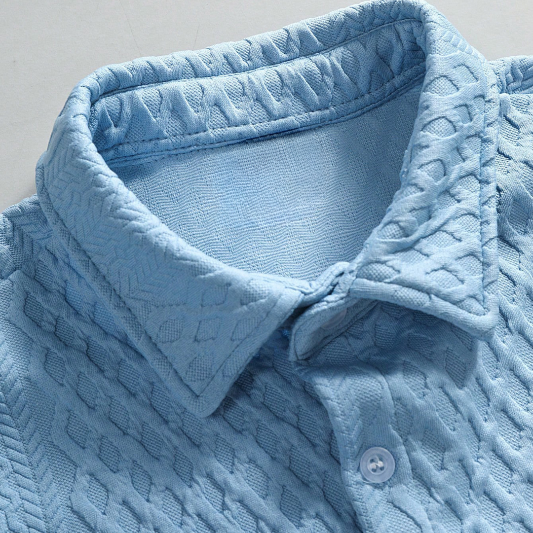 Complete men's summer outfit: two-piece lightweight cotton blend shirt & shorts set for casual wear.