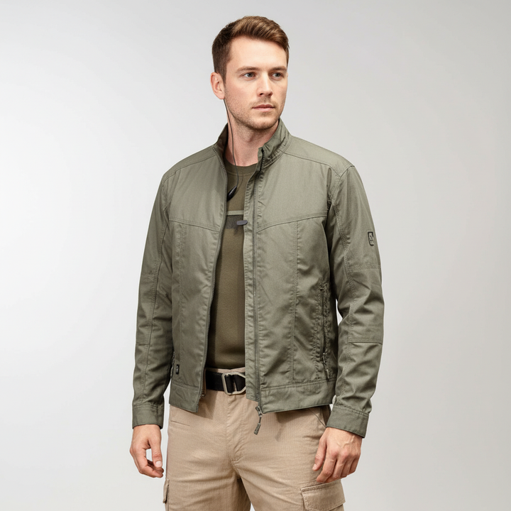 Andreas men's black lightweight transitional jacket featuring a secure front zipper and high collar