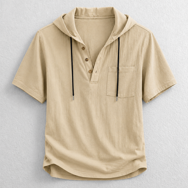 Relaxed fit men's long sleeve cotton-linen hooded henley shirt, perfect for lightweight summer comfort.