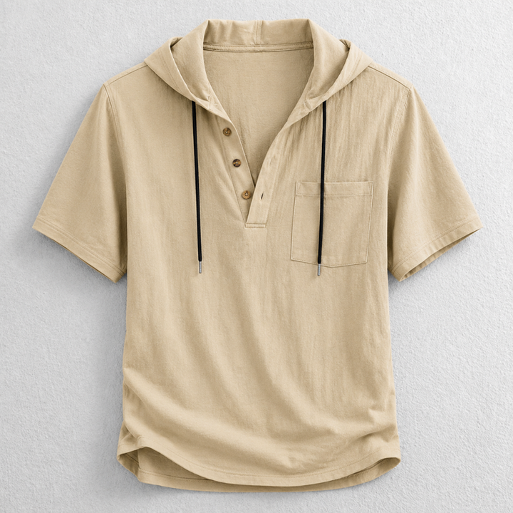 Relaxed fit men's long sleeve cotton-linen hooded henley shirt, perfect for lightweight summer comfort.