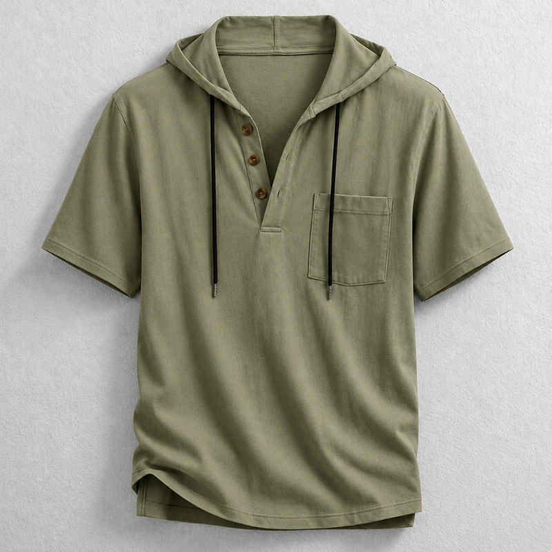 Casual men's long sleeve hooded henley in breathable cotton-linen, ideal for spring & summer style.