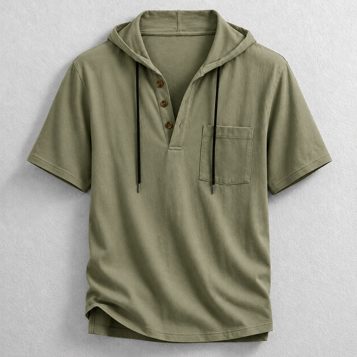 Casual men's long sleeve hooded henley in breathable cotton-linen, ideal for spring & summer style.