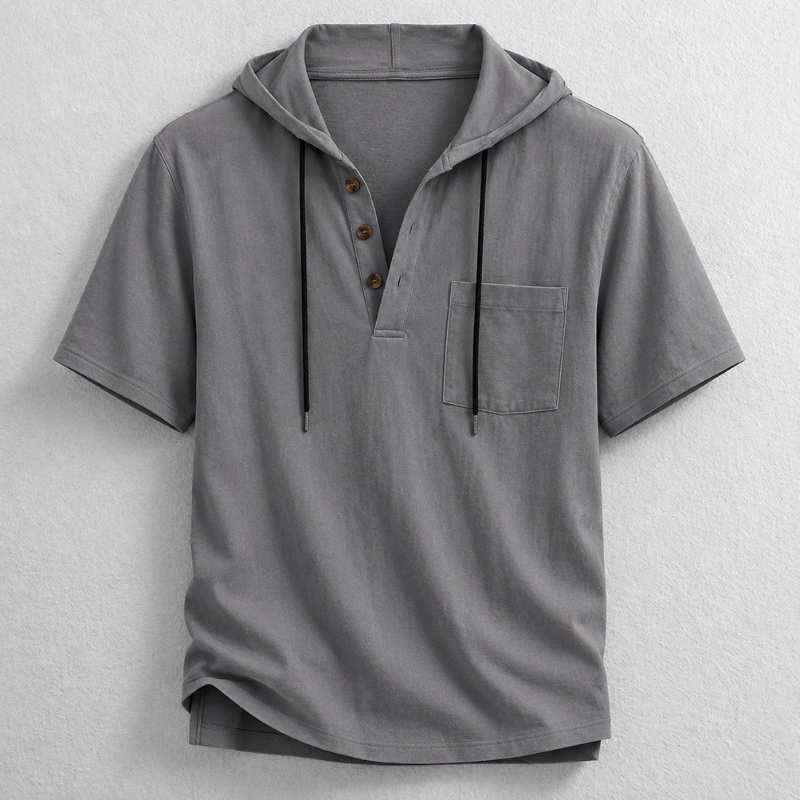 Comfortable men's relaxed fit lightweight cotton-linen hooded henley shirt for everyday casual wear.