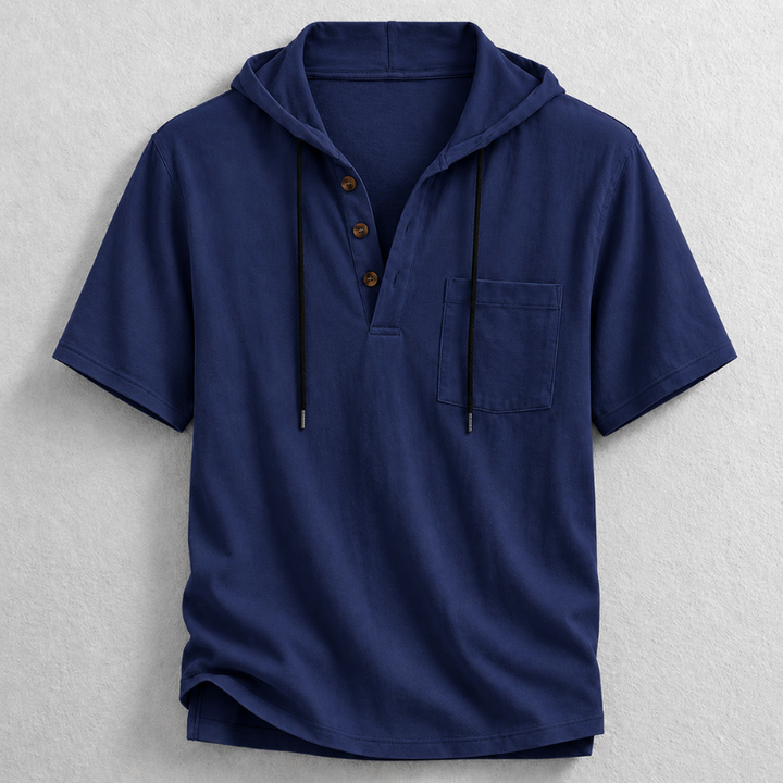 Stylish men's hooded henley shirt, made from lightweight cotton-linen, great for spring/summer comfort.