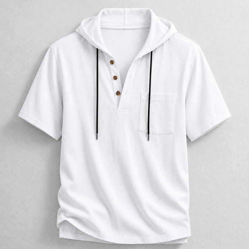 Versatile men's long sleeve hooded henley shirt, a lightweight cotton-linen blend for spring & summer.