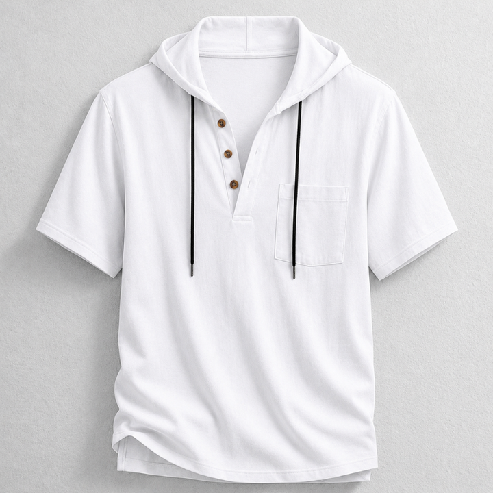 Versatile men's long sleeve hooded henley shirt, a lightweight cotton-linen blend for spring & summer.