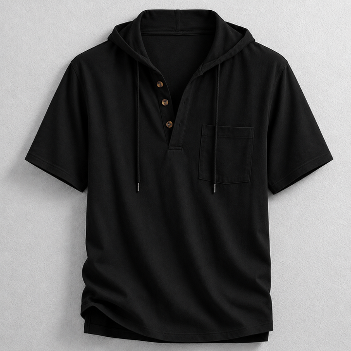 Men's lightweight cotton-linen hooded henley, a perfect casual long sleeve shirt for warm weather.