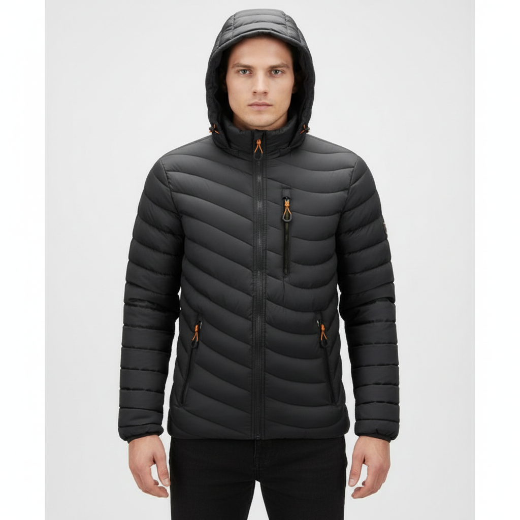 Dark blue men's down jacket, lightweight, with zip-off hood, perfect for cold weather outerwear