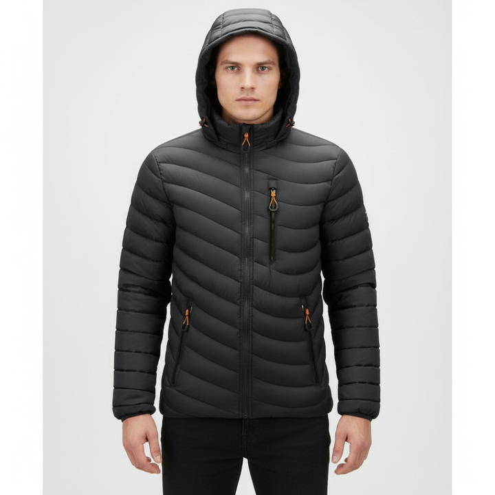Dark blue men's down jacket, lightweight, with zip-off hood, perfect for cold weather outerwear